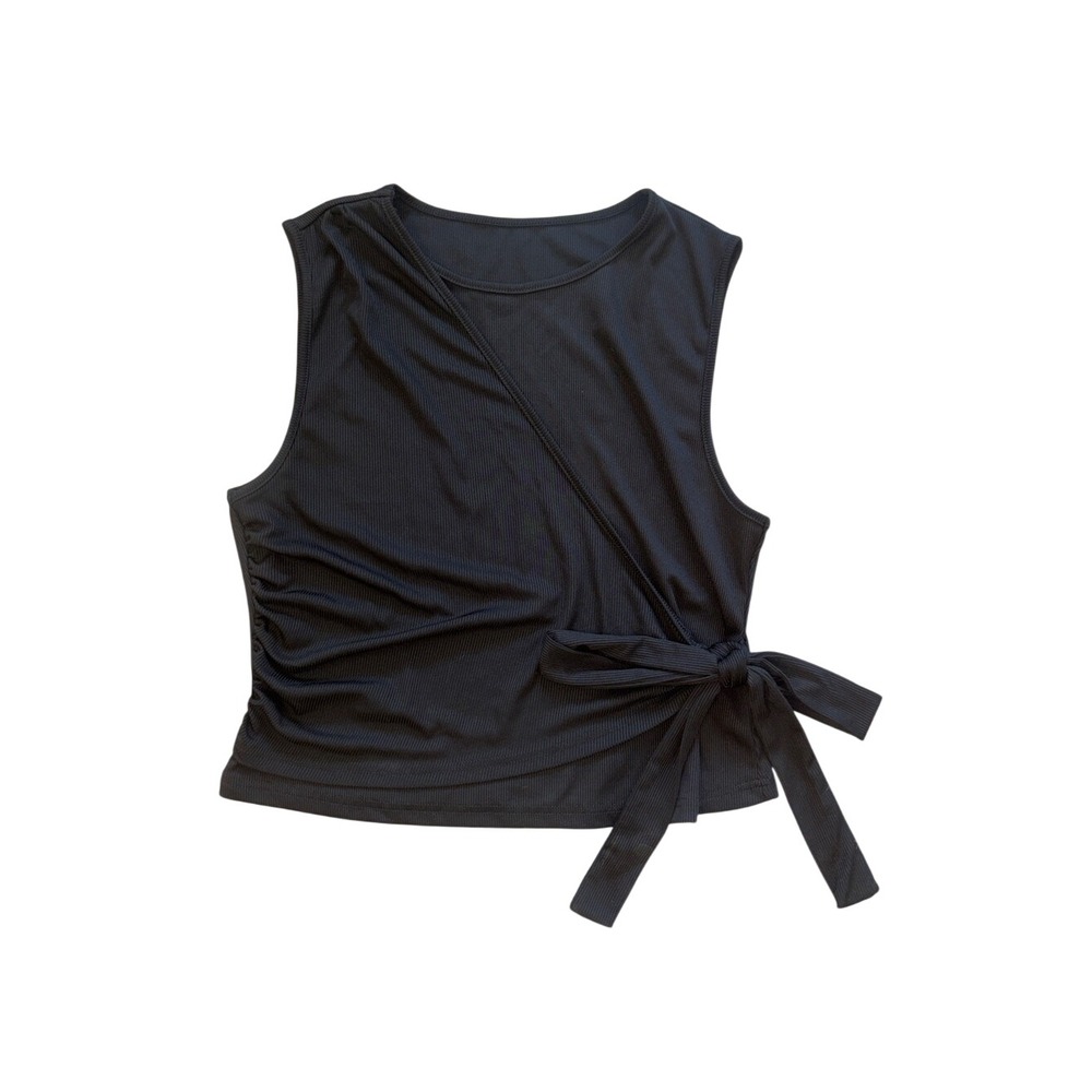 YOZY Black Ribbed Sleeveless Side Tie Wrap TankTop Women Size L yoga pilates gym